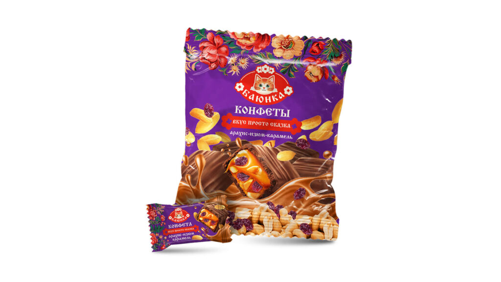 Конфеты глазированные с арахисом мягкой карамелью с изюмом